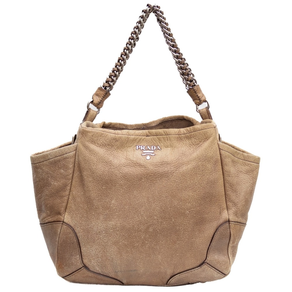 Prada CERVO LUX Tan Distressed Ombre Leather Shoulder Bag Chain Strap Hobo Vntg